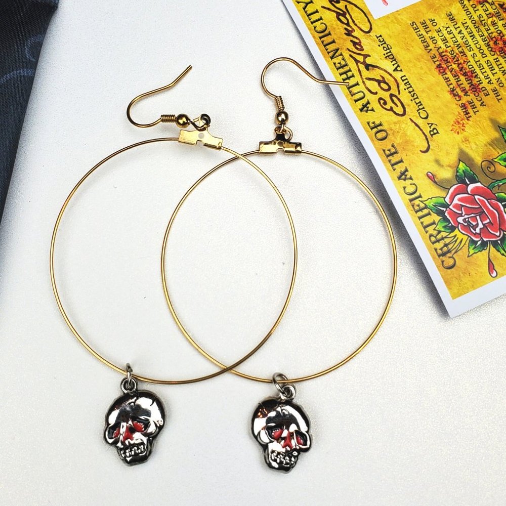 ED HARDY VINTAGE Style Earrings /Skull Hoop Earring In Base Metal